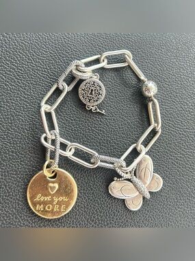 Pandora Ale 925 Ster Silver Charm Link Bracelet with925Gold Disc - Women Jewelry